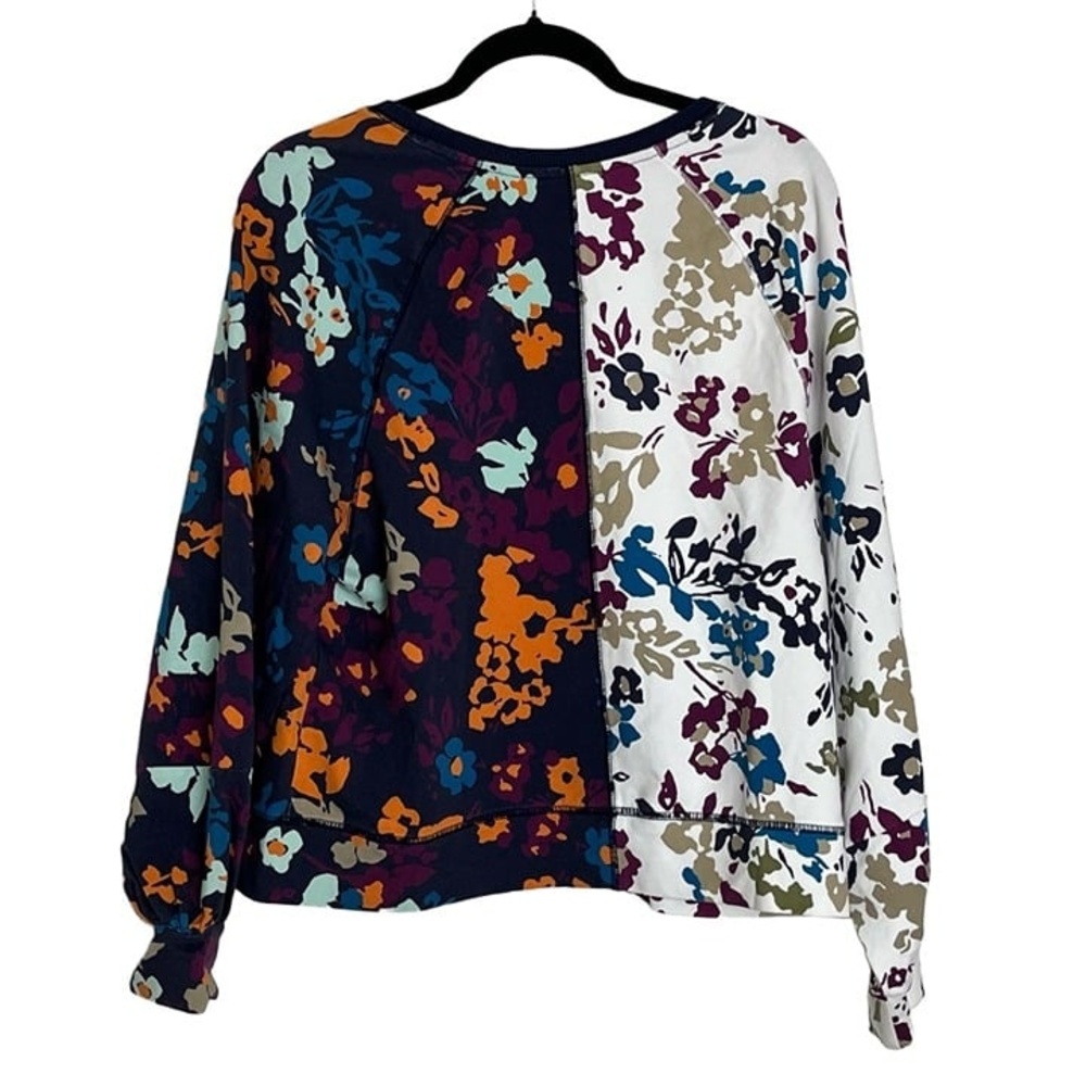 Maeve Anthropologie Color Block Floral Long Puff-Sleeved Crew Neck Sweatshirt L - Picture 10 of 14